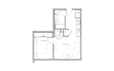 Floor plan for 1 bed, 1 bath, 568 sqft